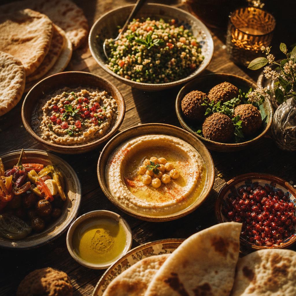 Varmt solbelyst libanesisk mezze uppdukad på rustikt bord